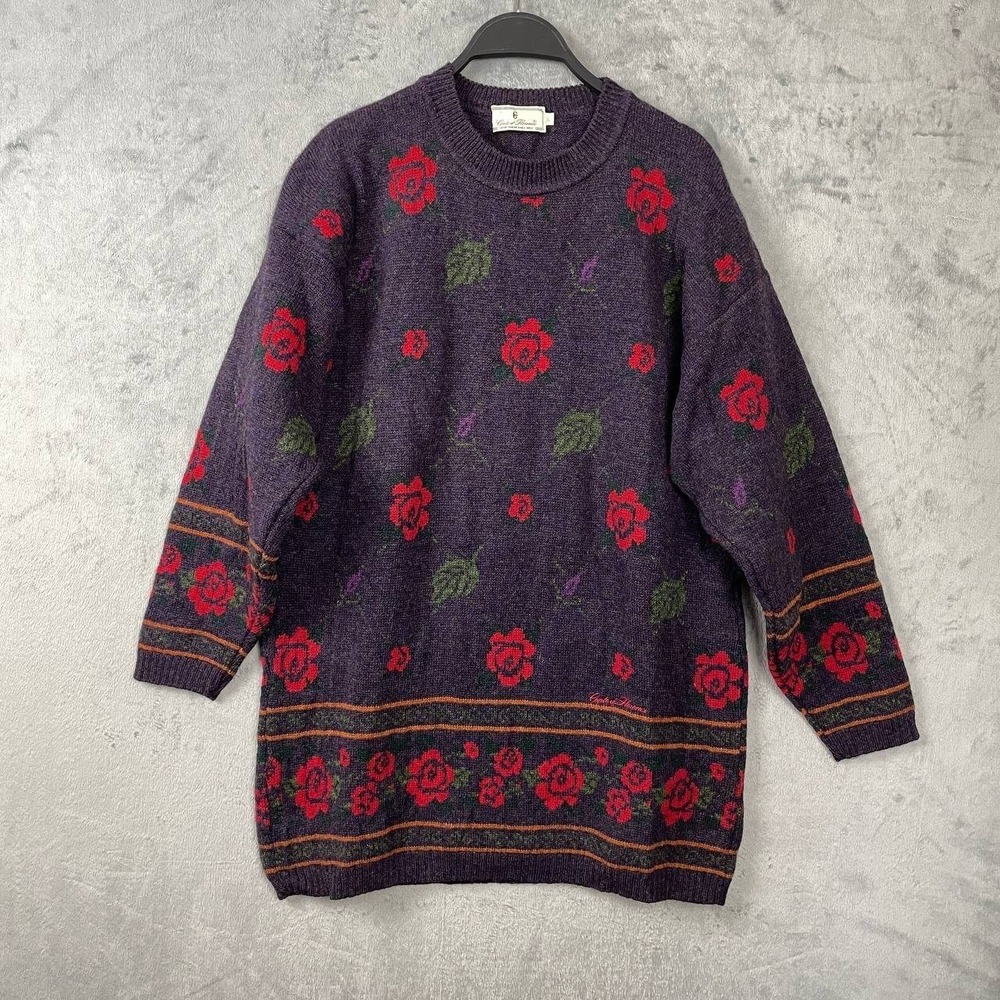 Vintage 90s Floral Wool Knit Sweater Made In Italy Crewneck Large Romantic Cozy